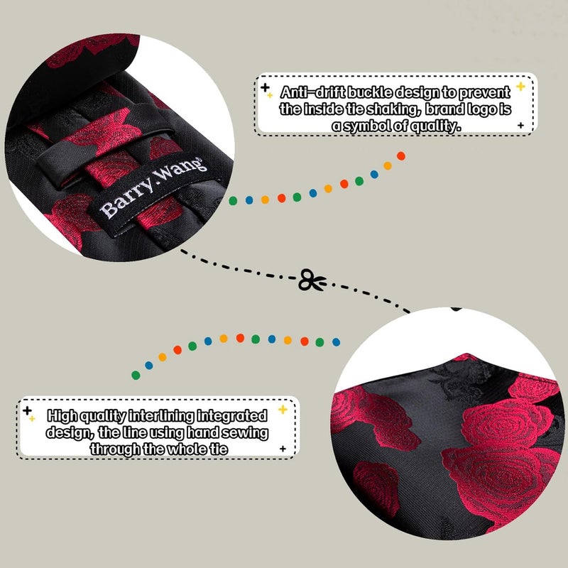 Barry.Wang Store Flower Ties for Men Handkerchief Cufflinks Set Wedding Necktie Set Party - Image 4
